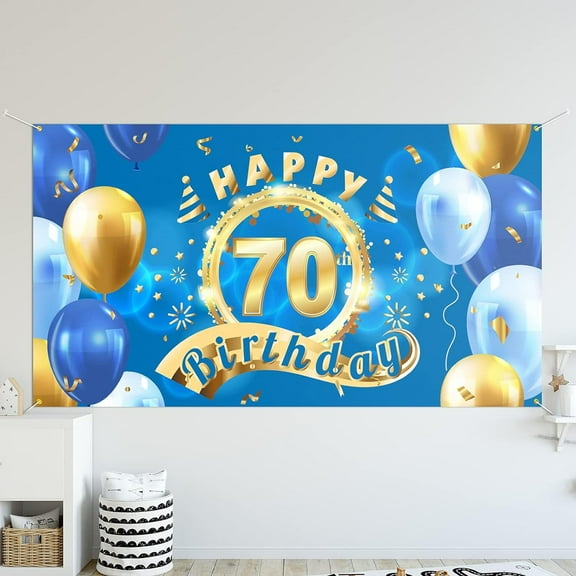 Happy 70th Birthday Backdrop Banner Decor Blue Cheers to 70 Years Old Party Theme Decorations for Men Women Supplies