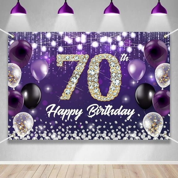 Happy 70th Birthday Backdrop Banner Purple Theme Background with Shiny Diamond Noble Elegant Birthday Party Photo Photography Prop Booth Background for Men Women Celebration