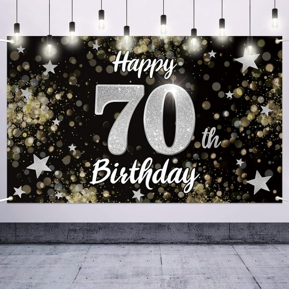 Happy 70th Birthday Decorations,70th Black & Silver Dream Star Large Birthday Banner Backdrop