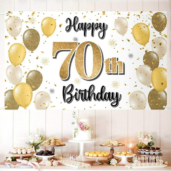 Happy 70th Birthday Decorations,70th Gold Balloon Large Birthday Banner Backdrop Sign,Cheers to Seventy Years Old Bday Party Supplies