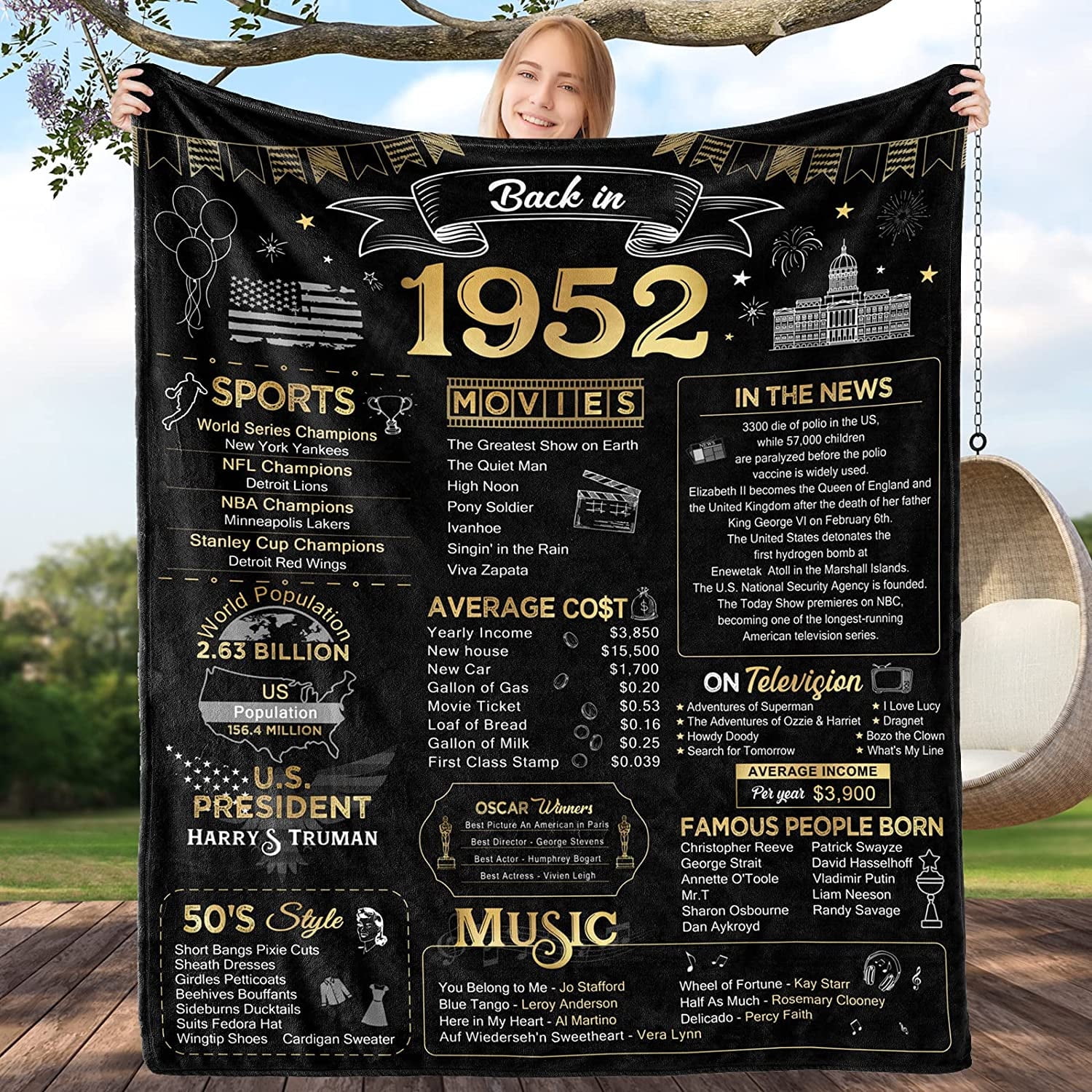 Happy 70th Birthday Gifts for Men Women Blanket 1952 70th Birthday Decorations 70 Years Old Gift for Dad Mom Grandparents Back in 1952 Flannel Fleece Soft Throw Blanket for Bed Sofa 60x80 Inches