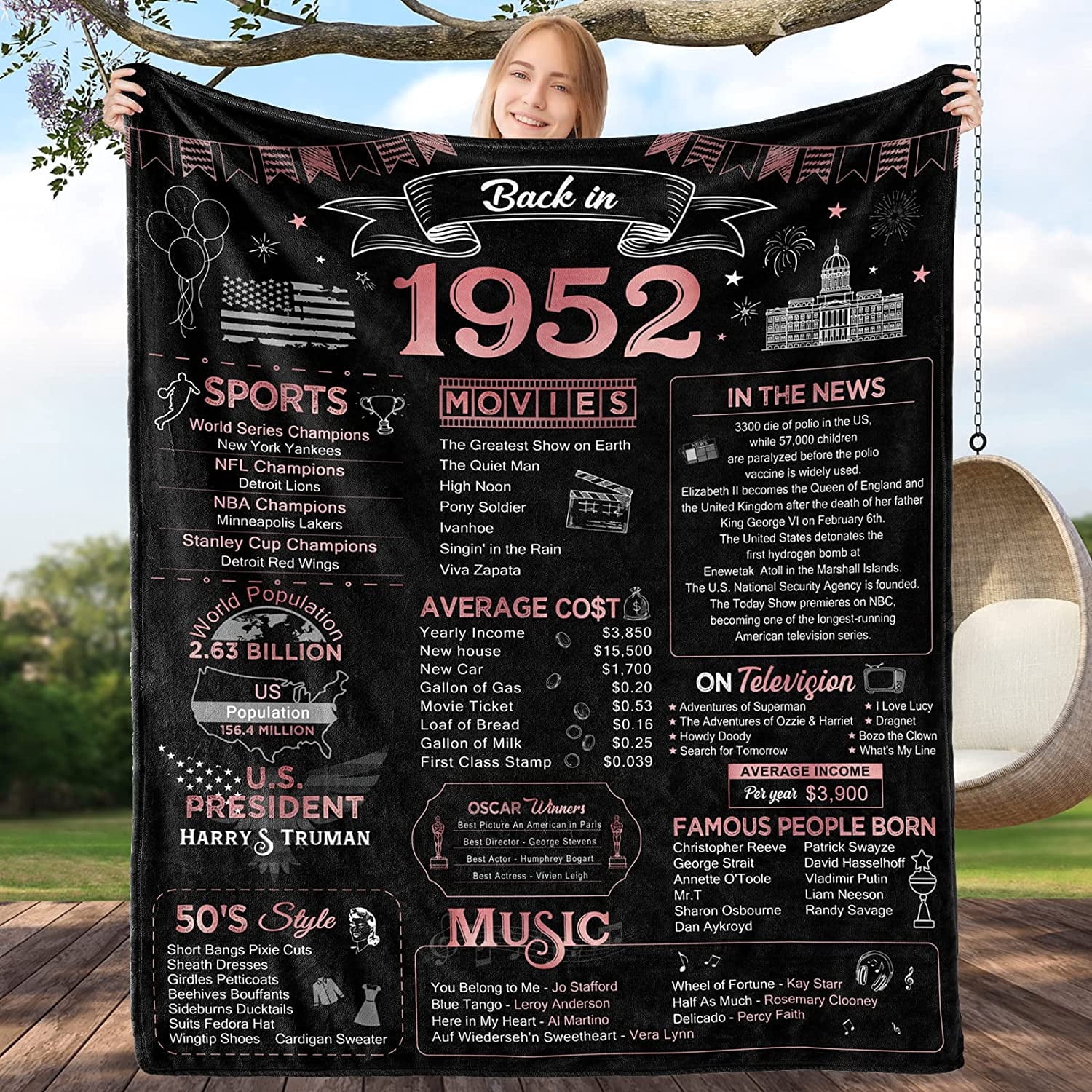 Happy 70th Birthday Gifts for Women Men Blanket 1952 70th Birthday Decorations 70 Years Old Gift for Mom Dad Grandparents Back in 1952 Flannel Fleece Soft Throw Blanket for Bed Sofa 60x50 Inches