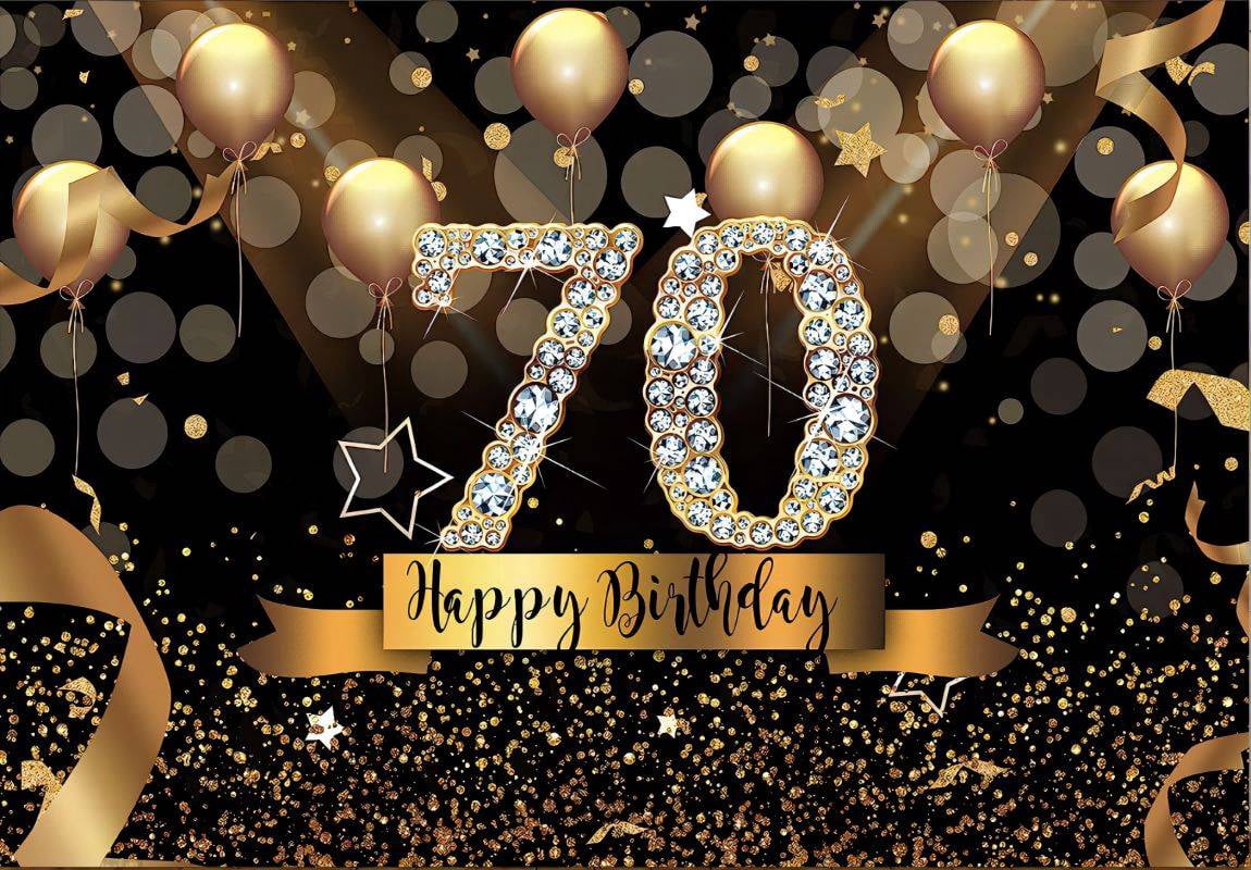 Happy 70th Birthday ration Backdrop Banner Black Gold Sign Poster ...