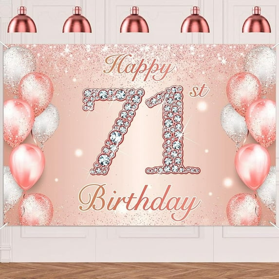 Happy 71st Birthday Rose Gold Banner Cheers to 71 Years Old Backdrop Confetti Balloons Theme Decor for Women 71 Years Old Pink Birthday Party Decorations Bday Supplies Background Favors Gift Glitter
