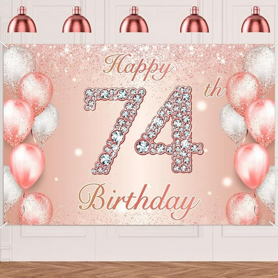 Happy 74th Birthday Rose Gold Banner Cheers to 74 Years Old Backdrop Confetti Balloons Theme Decor for Women 74 Years Old Pink Birthday Party Decorations Bday Supplies Background Favors Gift Glitter