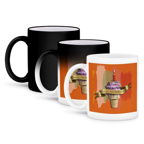 3dRose, Happy 75th Birthday, Strawberry Ice Cream Cone on Abstract, Orange, 11oz Magic Transforming Mug