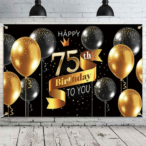 Happy 75th Birthday Backdrop Banner - 75 Birthday Party Decorations Supplies for Men - Black Gold