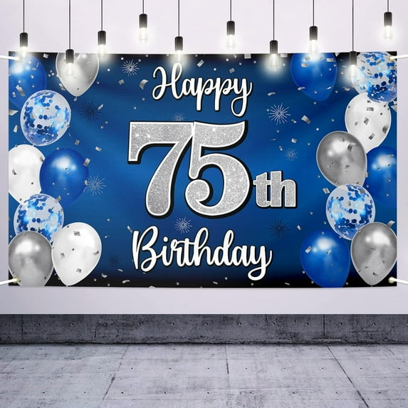 Happy 75th Birthday Decoration Banner,75th Blue & Silver Balloon Large Birthday Banner Backdrop Sign,75th Bday Party Supplies