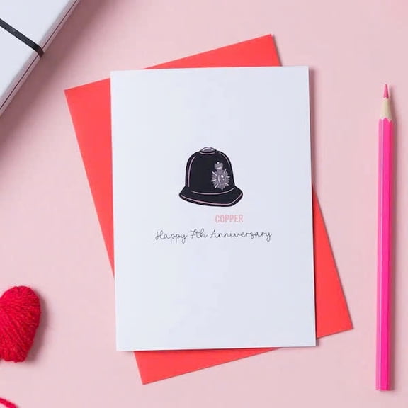 Happy 7th Anniversary Card for Copper - Elegant Police Hat Design - Envelope Included, Blank Inside - Perfect for Celebrating Your Special Day