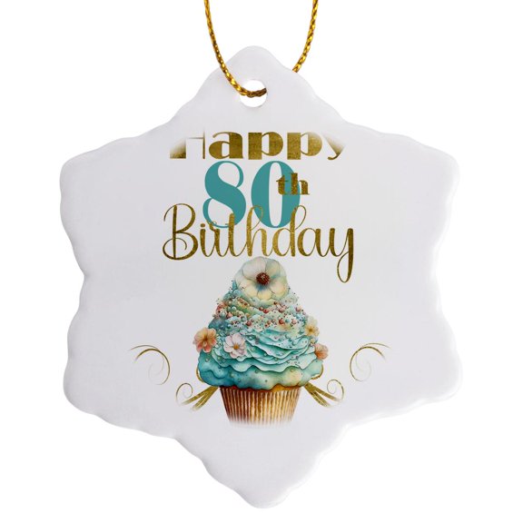 3drose, Happy 80th Birthday Pretty Aqua Cupcake, 3 inch Snowflake Porcelain Ornament