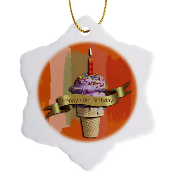 3drose, Happy 80th Birthday, Strawberry Ice Cream Cone on Abstract, Orange, 3 inch Snowflake Porcelain Ornament