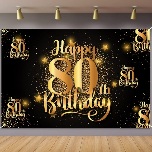 Happy 80th Birthday Backdrop Banner Step & Repeat 80Years Old Backgroung Decorations for Women Men Her Him Photography Party Supplies Black Gold