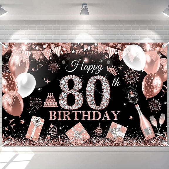 Happy 80th Birthday Backdrop for Women Black and Rose Gold Glitter Balloons 80 Birthday Background 80 Years Old Birthday Party Decorations Banner Supplies Photo Booth Props