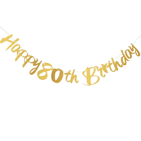 Happy 80th Birthday Banner, Gold Glitter Script, Party Decoration Sign