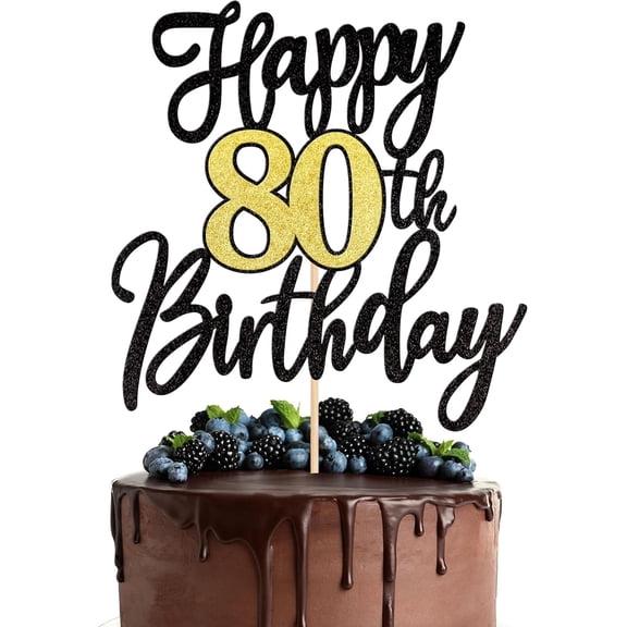Happy 80th Birthday Cake Topper, Black Gold Glitter Script Cake Pick for 80th Milestone Birthday Party Cake Decor, 1 Count