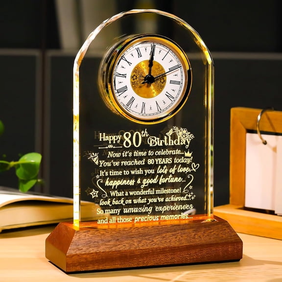 Happy 80th Birthday Clock Gifts for Women Men - 80 Year Old Gift for Parents Grandparents - Turning 80 Quartz Clock with Wooden Light Base Home Office Decor (9'' Gift Boxed)