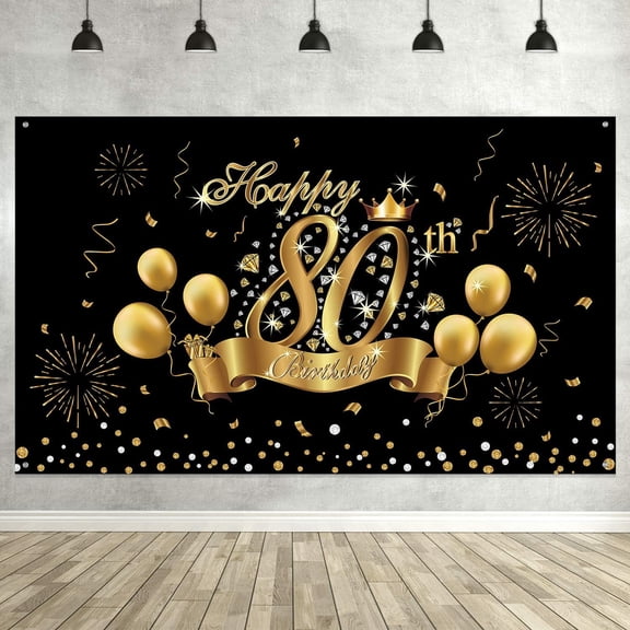 Happy 80th Birthday Decoration Banner Backdrop Party Decoration, Black Gold 80 Birthday Banner Sign Poster for 80th Anniversary Photo Booth Props Background Birthday Party Supplies