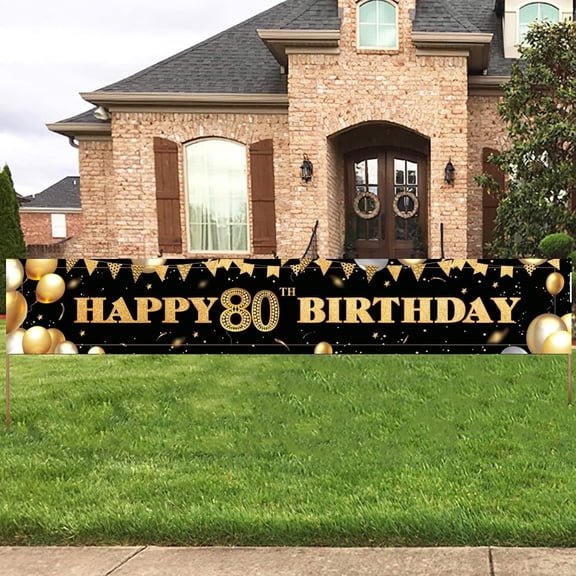 Happy 80th Birthday Decoration Banner, Large Black and Gold Happy 80th Birthday Banner Sign, 60th Birthday Party Decorations Supplies(9.8x1.6ft)