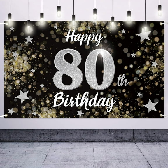 Happy 80th Birthday Decorations,80th Black & Silver Dream Star Large Birthday Banner Backdrop