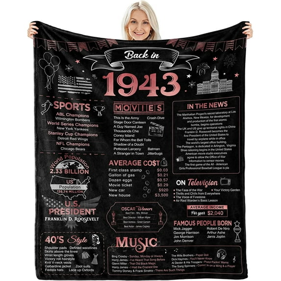 Happy 80th Birthday Gifts for Women Men Blanket 1943 80th Birthday Decorations Turning 80 Year Old Bday Gift Idea for Grandparents Mom Dad Back in 1943 Throw Blanket for Bed Sofa 60Lx50W Inches