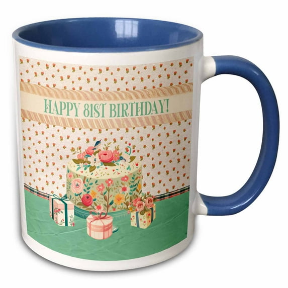 3drose, Happy 81st Birthday, Bird in Flower Garden Cake, Gifts, Pastels, 11oz Two-tone Blue Mug