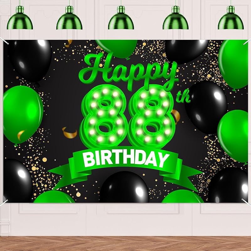 Happy 88st Birthday Green and Black Banner Backdrop Cheers to 88 Years ...