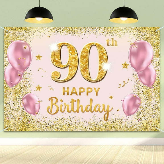 Happy 90th Birthday Backdrop Banner - 90 Birthday Party Decorations Supplies for Women - Gold Pink