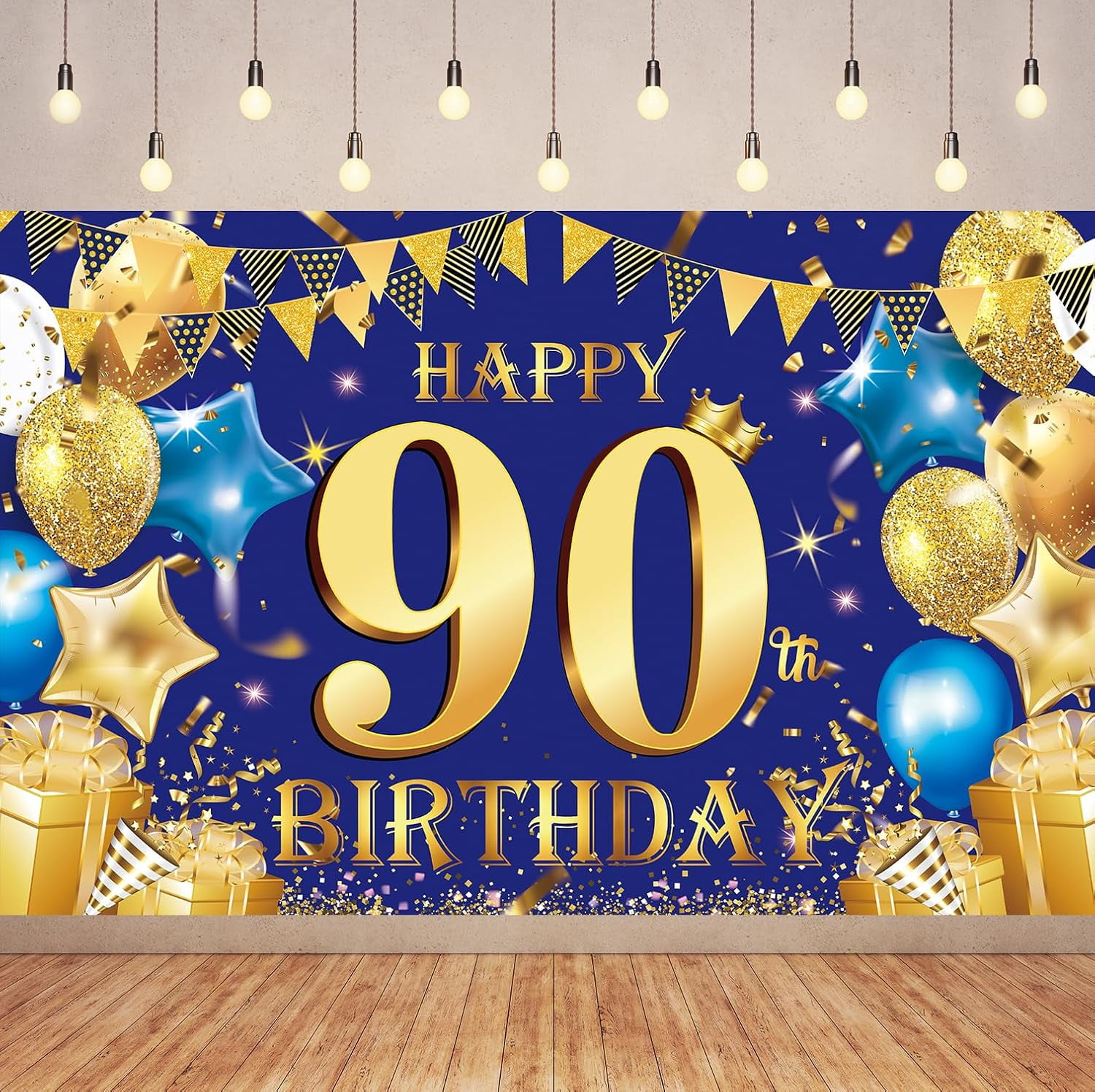 Happy 90th Birthday Backdrop Banner,Blue Gold Happy Birthday Background ...