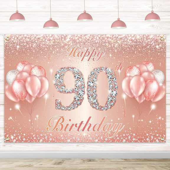 Happy 90th Birthday Banner Backdrop - 90 Birthday Party Decorations Supplies for Women or Men - Rose Gold
