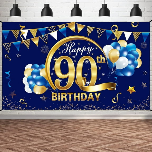 Happy 90th Birthday Banner Decorations for Men 90 Birthday Backdrop Party Supplies Blue Gold 90 Year Old Photo Background Sign Decor