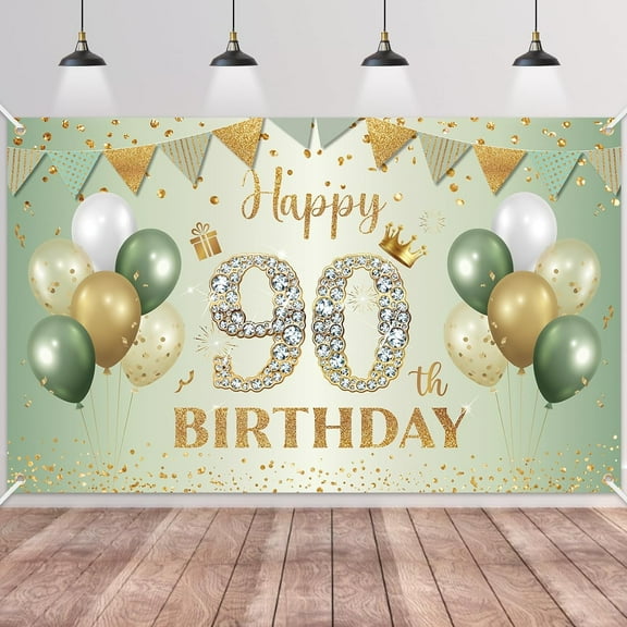 Happy 90th Birthday Banner Sage Green Gold, 90th Birthday Backdrop for Men Women,90th Birthday Decorations Fabric Photo Backdrop Background Signs for 90 Years Old Birthday Party