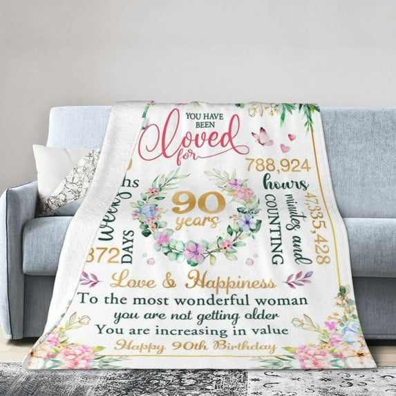 Happy 90th Birthday Blanket Gifts For Kids Adults - Lightweight Throw Blanket For Bedroom Living Room Decor Soft Fuzzy Fleece Cozy Plush Bed Couch 50"X40"