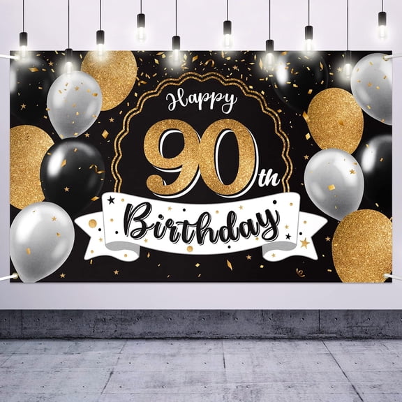 Happy 90th Birthday Decorations,90th Black & Gold Balloon Large Birthday Banner Backdrop