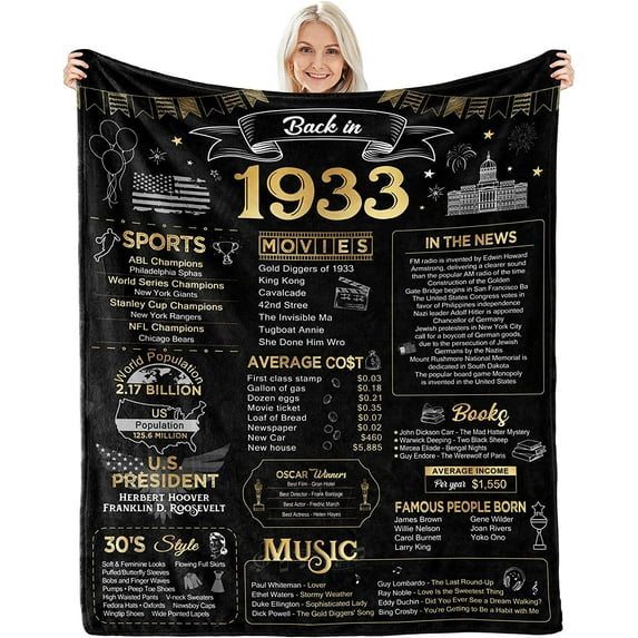 Happy 90th Birthday Gifts for Men Women Blanket 1933 90th Birthday Decorations Turning 90 Year Old Bday Gift Idea for Grandparents Dad Mom Back in 1933 Throw Blanket for Bed Sofa 80Lx60W Inches
