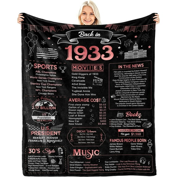 Happy 90th Birthday Gifts for Women Men Blanket 1933 90th Birthday Decorations Turning 90 Year Old Bday Gift Idea for Grandparents Mom Dad Back in 1933 Throw Blanket for Bed Sofa 60Lx50W Inches