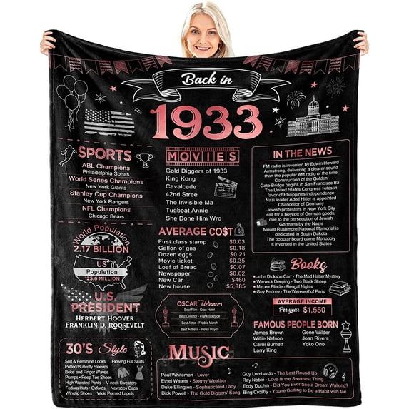 Happy 90th Birthday Gifts for Women Men Blanket 1933 90th Birthday Decorations Turning 90 Year Old Bday Gift Idea for Grandparents Mom Dad Back in 1933 Throw Blanket for Bed Sofa 60Lx50W Inches