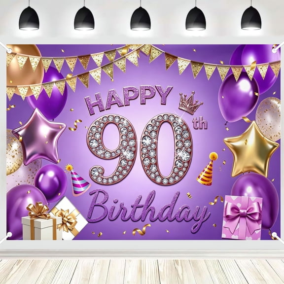 Happy 90th Birthday Polyester Backdrop, Purple Gold Party Photo Booth Background Banner for Indoor & Outdoor Use 5x7ft