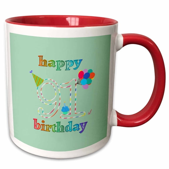 3drose, Happy 91st Birthday, Cupcake with Candle, Balloons, Hat, Colorful, 11oz Two-tone Red Mug