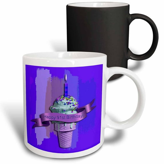 3drose, Happy 91st Birthday, Strawberry Ice Cream Cone on Abstract, Purple, 11oz Magic Transforming Mug