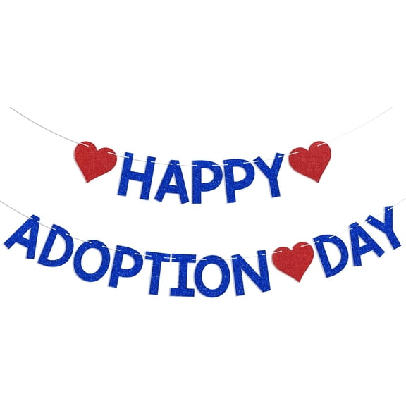 Happy Adoption Day Banner - Child Pet Adoption Party Decor, Happy Gotcha Day, Celebrate Adoption Party Supplies Blue Glitter