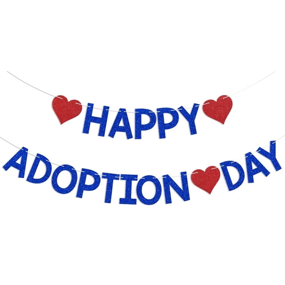 Happy Adoption Day Banner - Child Pet Adoption Party Decor, Happy Gotcha Day, Celebrate Adoption Party Supplies Blue Glitter