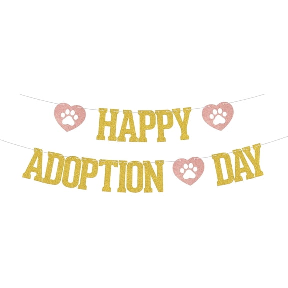 Happy Adoption Day Banner - Gotcha Day Decoration - Adoption Decoration for Child Pet Party Gold Glitter