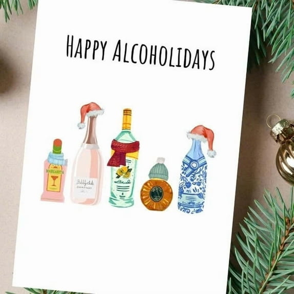 Happy Alcoholidays Card – Festive Holiday Greeting Card Featuring Adorable Bottles in Santa Hats – Perfect for Friends, Parties, and Celebrations
