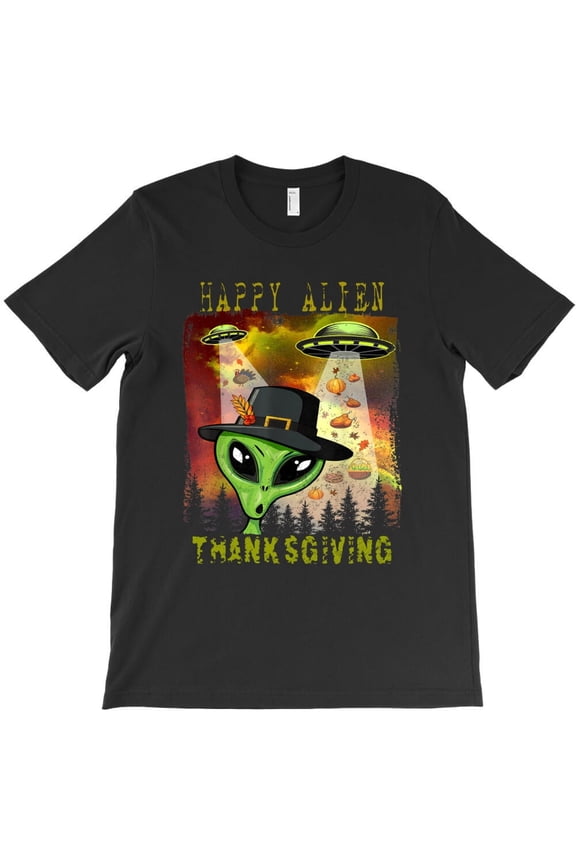 Happy Alien Thanksgiving Funny UFO Sci-Fi Turkey Day Holiday Graphic H31572 T-Shirt, for Men and Women, Up to Size 5XL