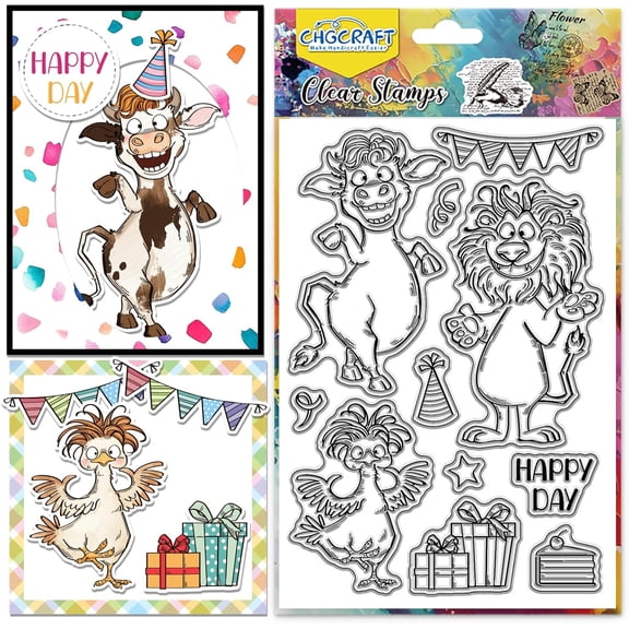 Happy Animal Clear Stamps Cow Chicken Lion Transparent Stamps Animal Party Silicone Clear Stamp Seals for Carding Making DIY Scrapbooking Photo Album Decoration 4.3x6.3 inch Colorful