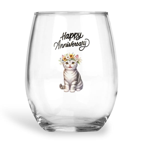 Happy Anniversary American Shorthair Celebrates Wedding Love Family Party 15oz Stemless Wine Glass Mug Cat Lover Kitten Owner Gifts Wine Glasses Cup - 01015