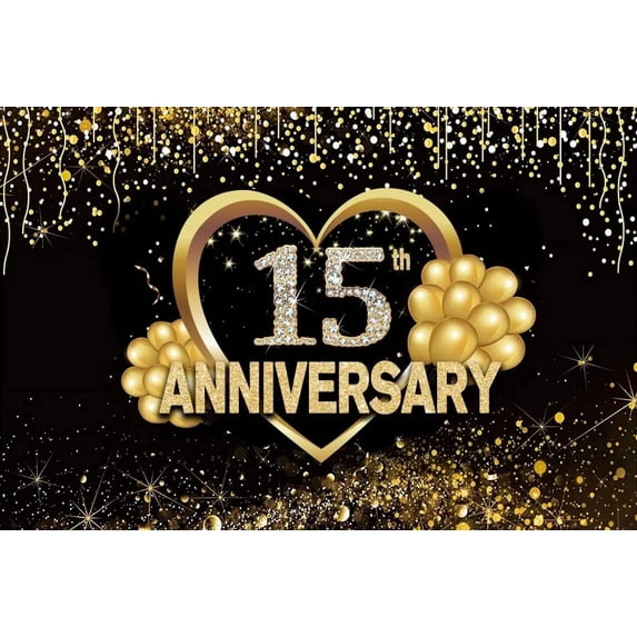 Happy Anniversary Backdrop Black And Gold Theme Party Glitter Heart Balloons Wedding Portrait Photography Background