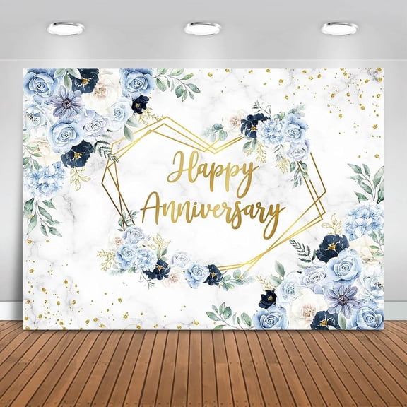 Happy Anniversary Backdrop Blue and White Flowers Wedding Anniversary Background Bridal Shower Engagement Party Decorations Banner Photo Booth Props