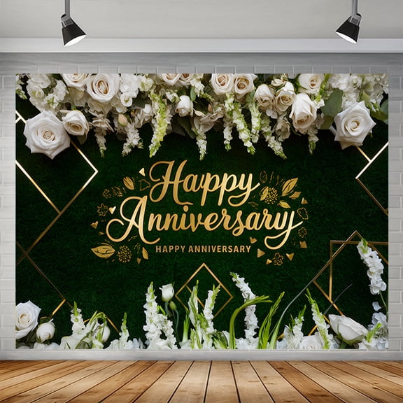 Happy Anniversary Backdrop Elegant Floral Gold Happy Anniversary Photography Background White Roses Green Grass Wall Wedding Anniversary Party Decorations Banner Photo Booth Props