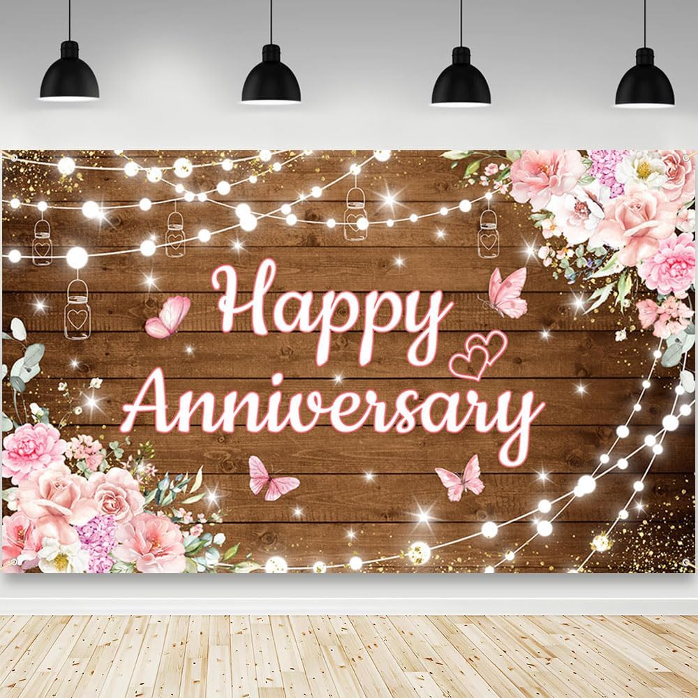 7x5ft Happy Anniversary Backdrop - Floral Glitter Vinyl Photography Background For Parties, Wedding, Cake Table Decor